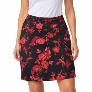 EXPRESS Black Red Rose Floral Print A-Line‎ Midi Skirt Women's Size L
